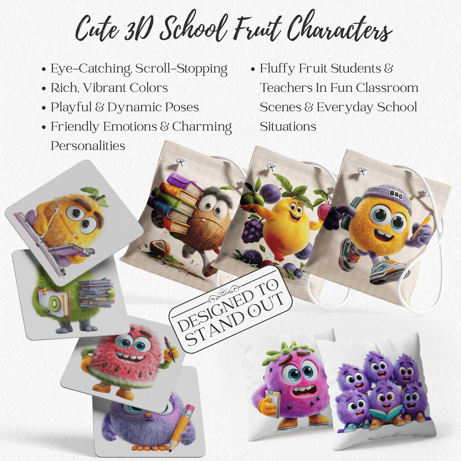 Cute Fuzzy Fruit School Clipart PNG
