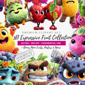 Expressive Fruit Clipart for Kids – Premium Educational PNG Bundle (50 Images)