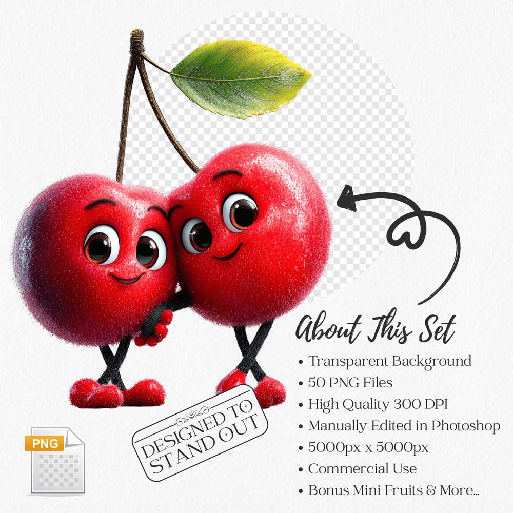 Cute-Pixar-Fluffy-Fruit-Characters-Transparent-Clipart-Set