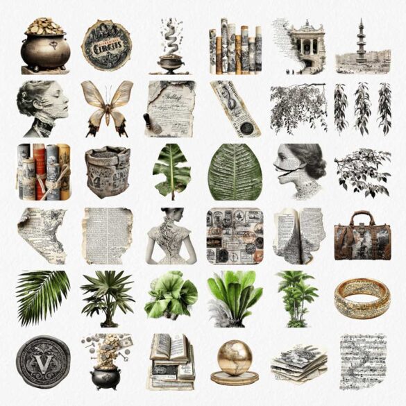 Victorian-Traveler-Journal-Ephemera-Kit-(10) Vintage Victorian PNG clipart elements - antique books, butterfly, botanical leaves, globe, wax seal, old suitcase and Victorian woman portraits on transparent background
