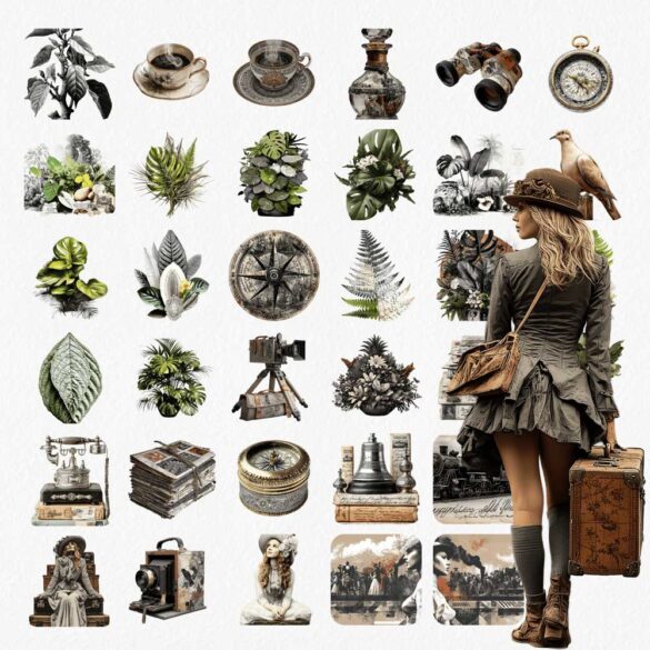 Victorian-Traveler-Journal-Ephemera-Kit-(11) Victorian travel clipart PNG elements - teacups, compasses, tropical plants, vintage cameras, Victorian woman traveler and antique luggage on transparent background