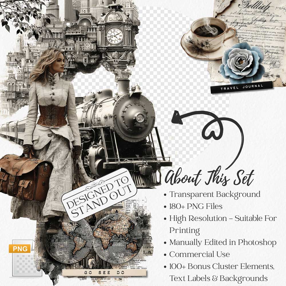 Victorian-Traveler-Journal-Ephemera-Kit-(2) Victorian traveler woman with steam locomotive and antique world map - Victorian junk journal kit PNG elements preview