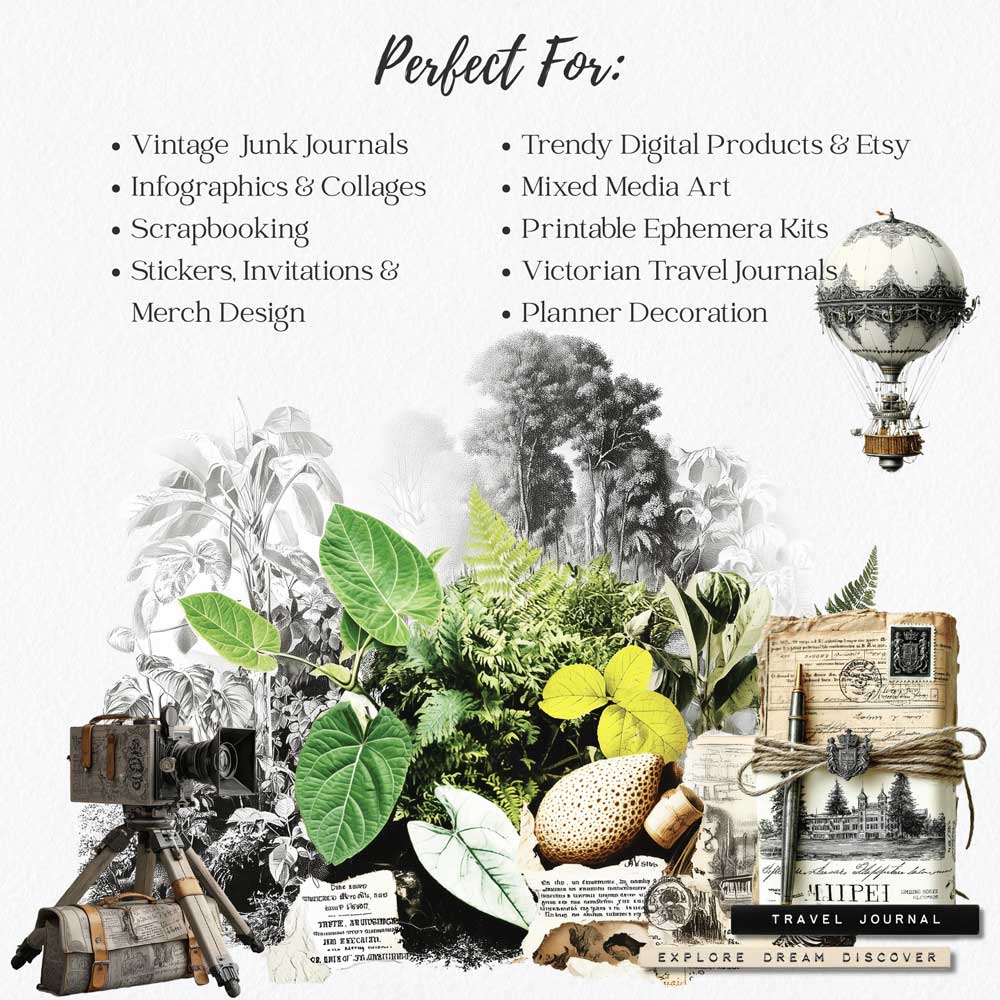 Victorian-Traveler-Journal-Ephemera-Kit-(3) Victorian junk journal kit perfect for vintage journals, scrapbooking, mixed media art and printable ephemera kits - botanical and travel elements preview
