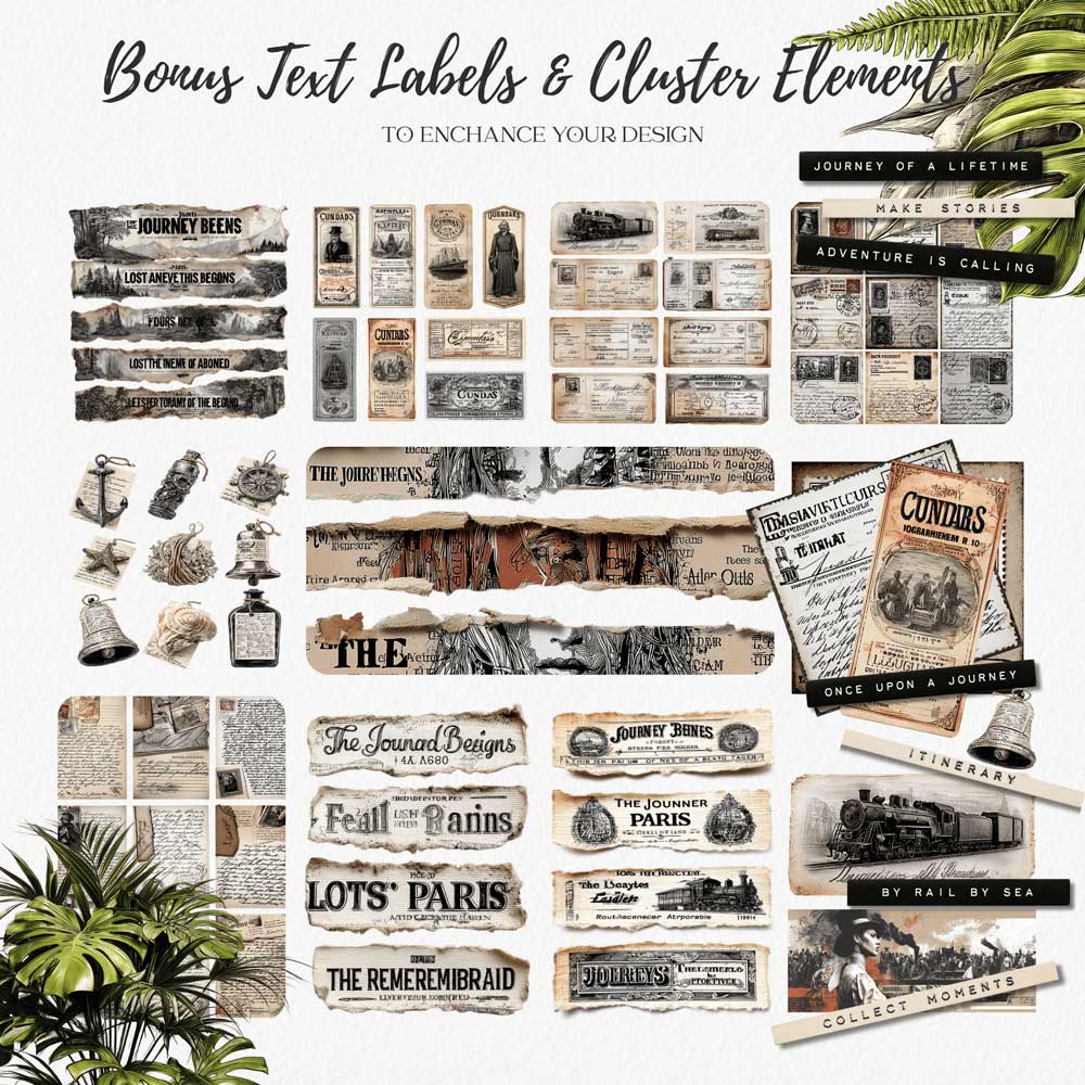 Victorian-Traveler-Journal-Ephemera-Kit-(5) Victorian junk journal bonus text labels and cluster elements - steamship tickets, railway banners, antique labels and decorative ephemera strips for scrapbooking