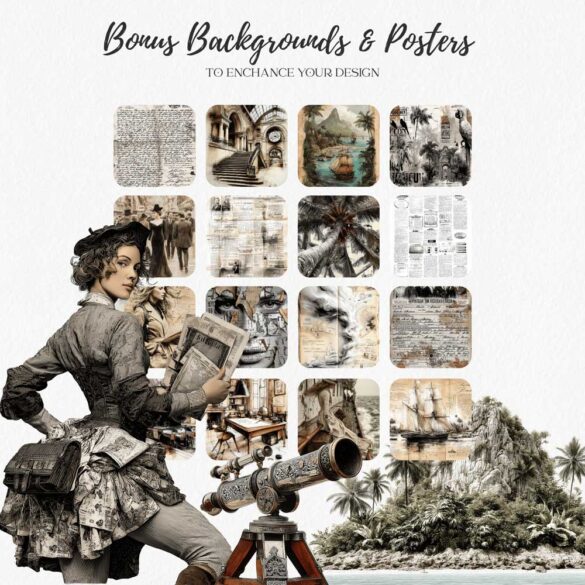 Victorian-Traveler-Journal-Ephemera-Kit-(6) Victorian travel journal bonus backgrounds and posters - antique maps, railway station, tropical scenes and aged newspaper textures for junk journaling