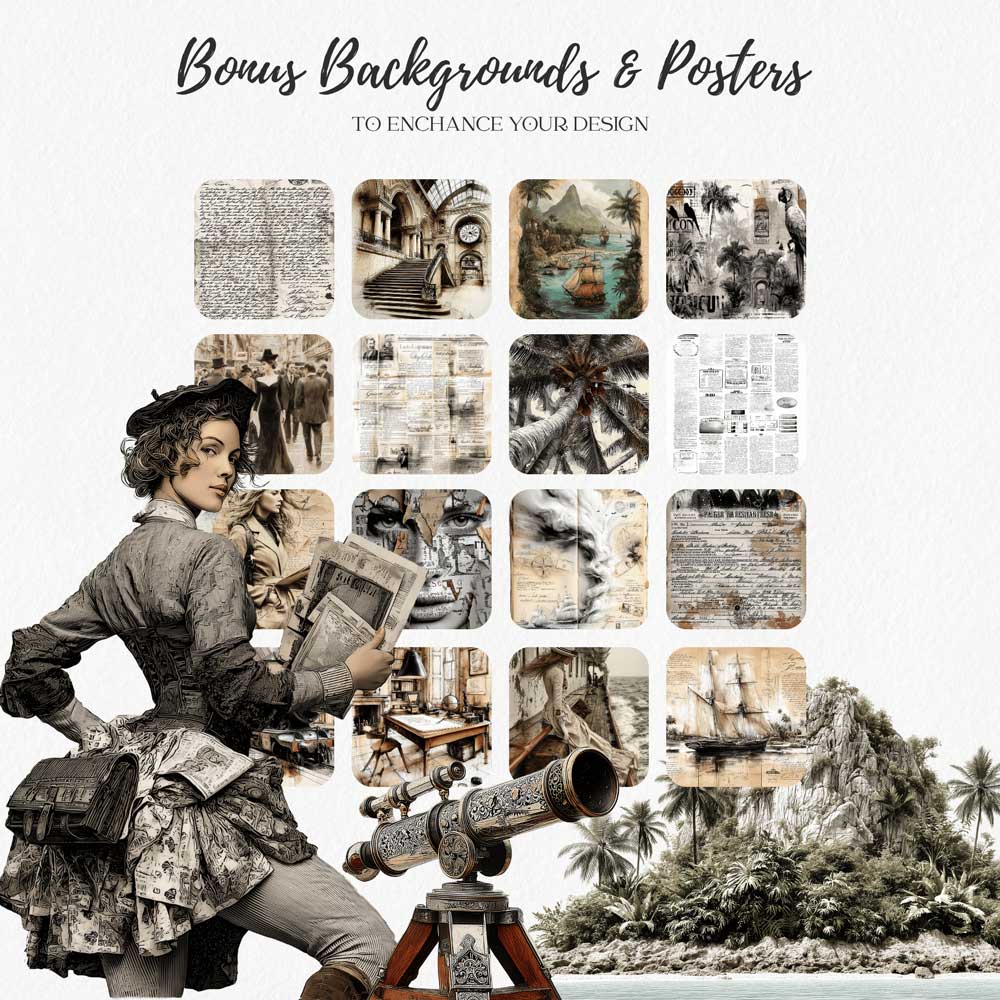 Victorian-Traveler-Journal-Ephemera-Kit-(6) Victorian travel journal bonus backgrounds and posters - antique maps, railway station, tropical scenes and aged newspaper textures for junk journaling