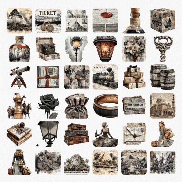 Victorian-Traveler-Journal-Ephemera-Kit-(7) Victorian travel ephemera PNG clipart - antique tickets, oil lanterns, luggage stacks, telescopes, Victorian street scenes and Egyptian pyramids on transparent background