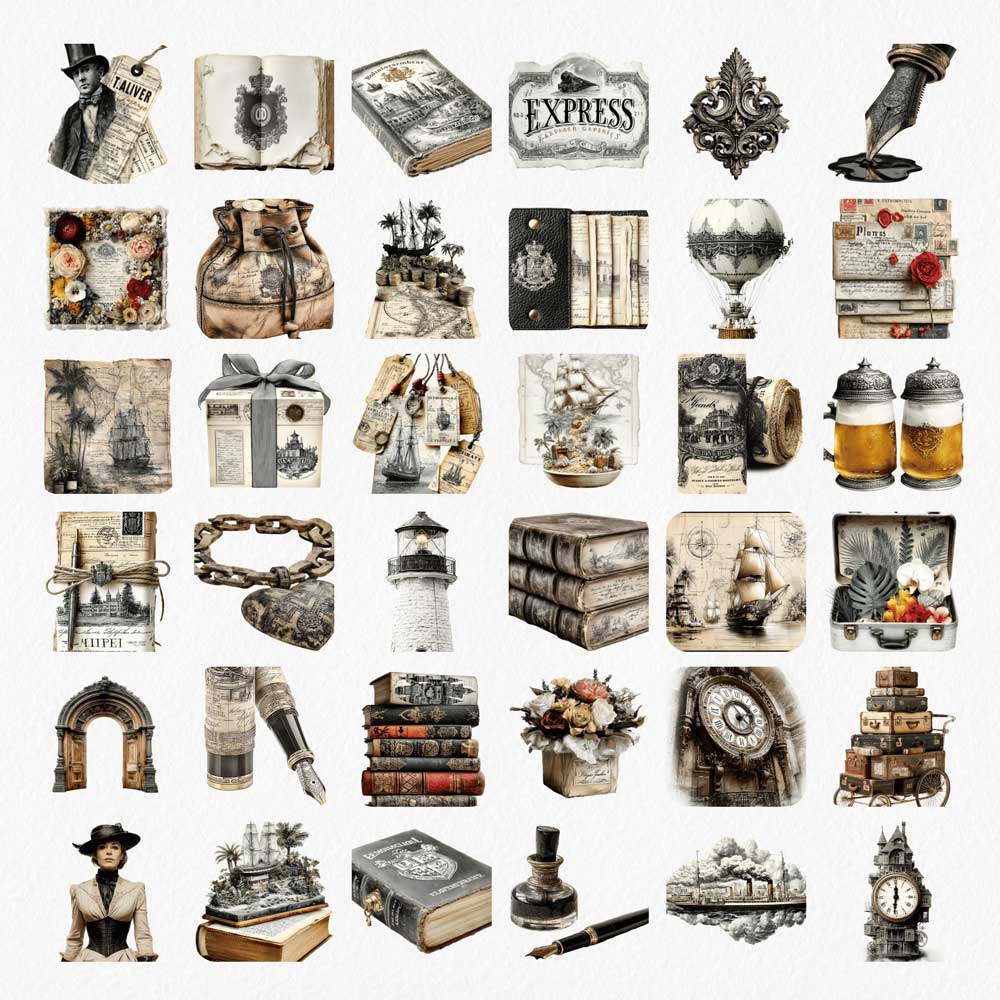 Victorian-Traveler-Journal-Ephemera-Kit-(8) Victorian explorer PNG clipart elements - antique leather books, fountain pens, lighthouse, hot air balloon, sailing ships and stacked vintage suitcases on transparent background