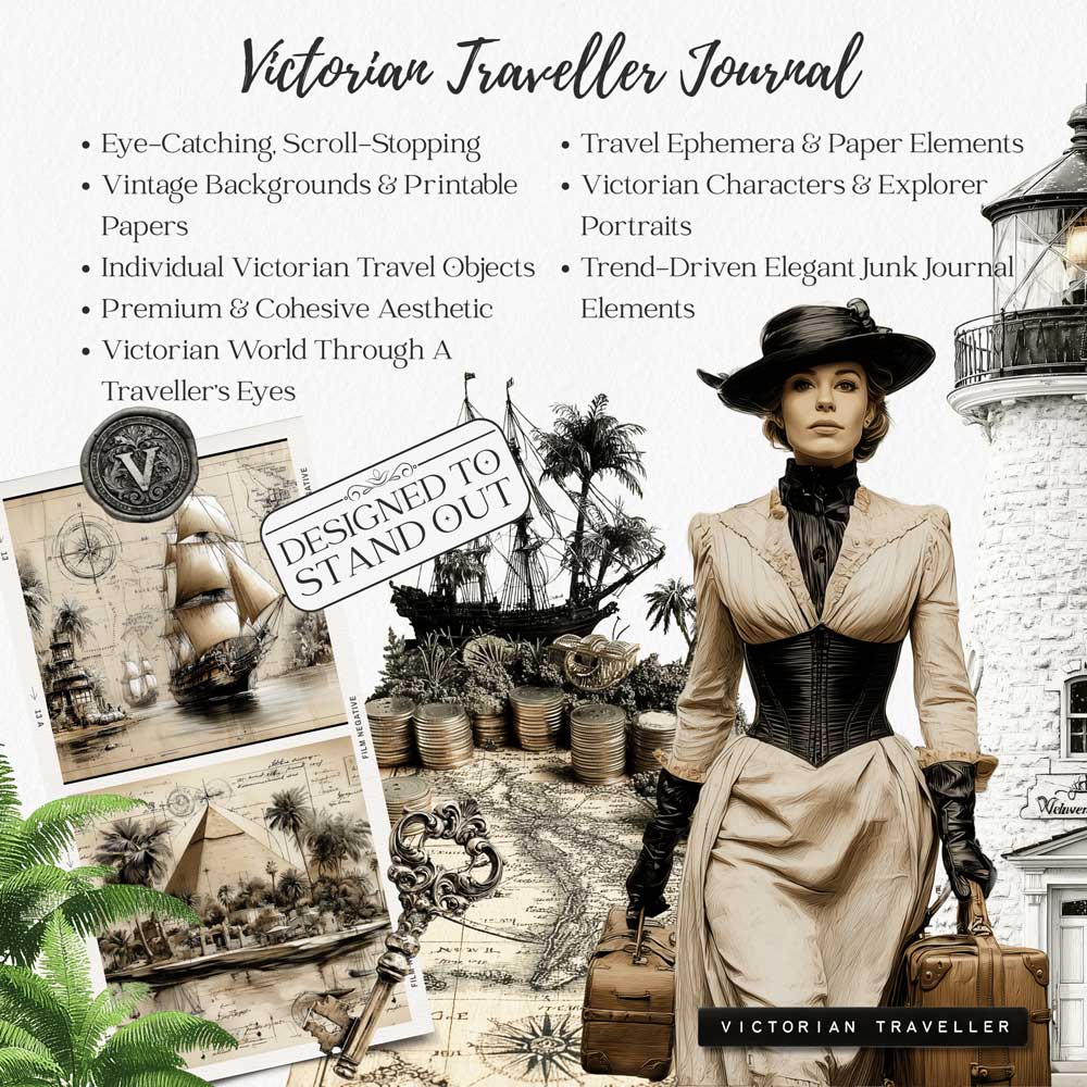 Victorian-Traveler-Journal-Ephemera-Kit-copy Victorian Traveller Journal Kit - elegant Victorian woman with luggage, antique maps and sailing ships - premium junk journal clipart bundle